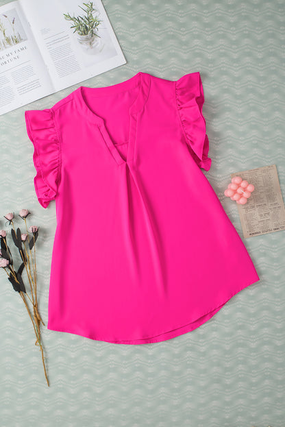 Rose Red Notched Neck Ruffle Sleeve Blouse