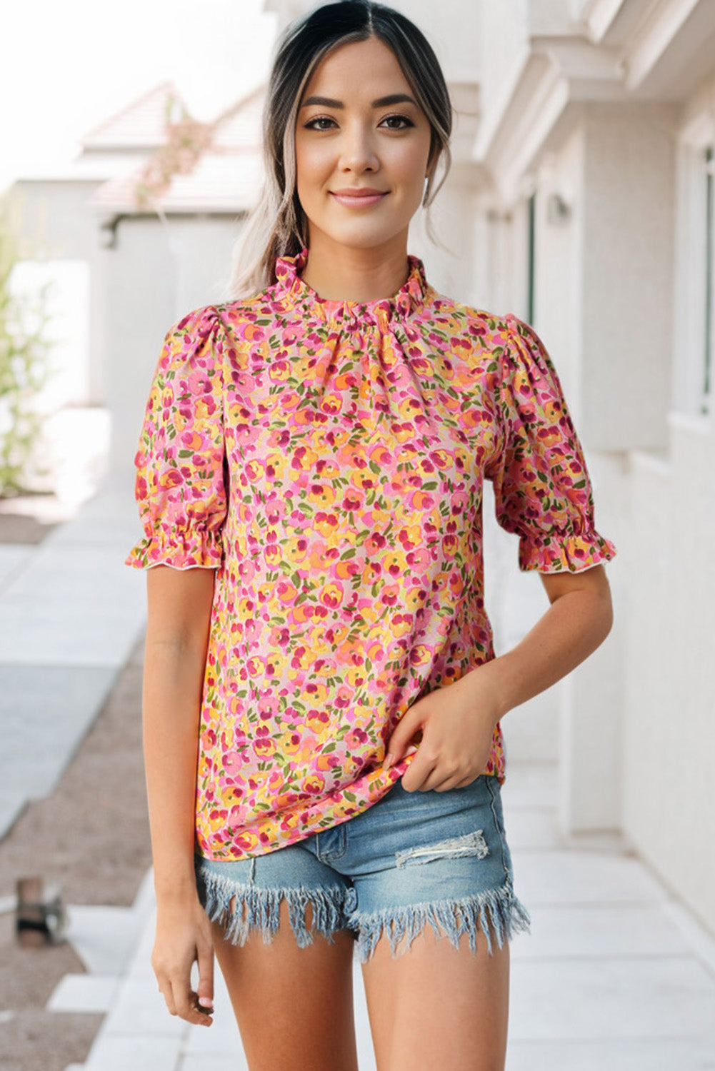 Orange Boho Floral Ruffle Short Sleeve Frill Mock Neck Blouse