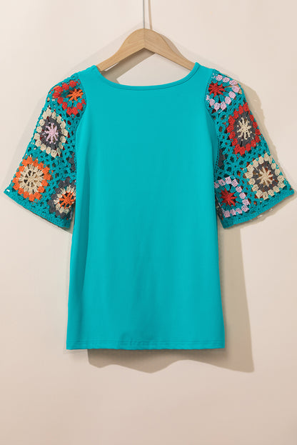 Turquoise Floral Crochet Short Sleeve Top