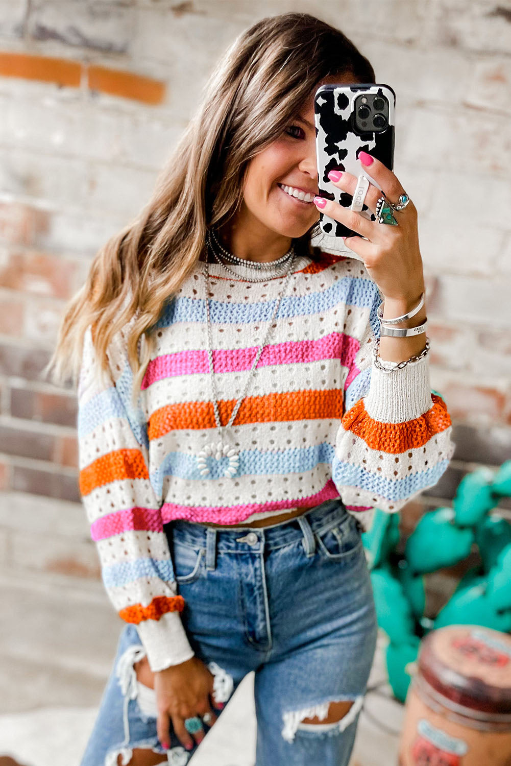 Multicolor Striped Hollowed Knitted Loose Sweater