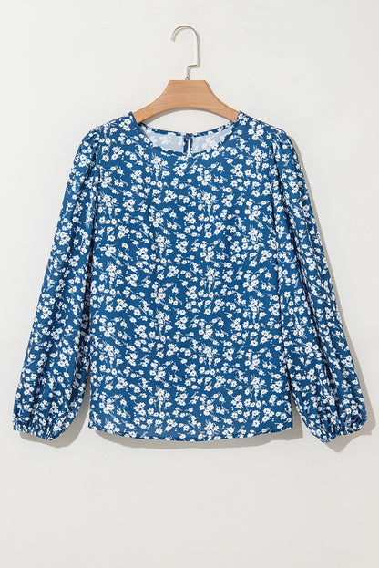 Blue Ditsy Floral Print Lantern Sleeve Blouse