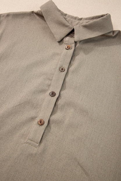 Simply Taupe Collared Half Buttons Folded Short Sleeve Oversize Top