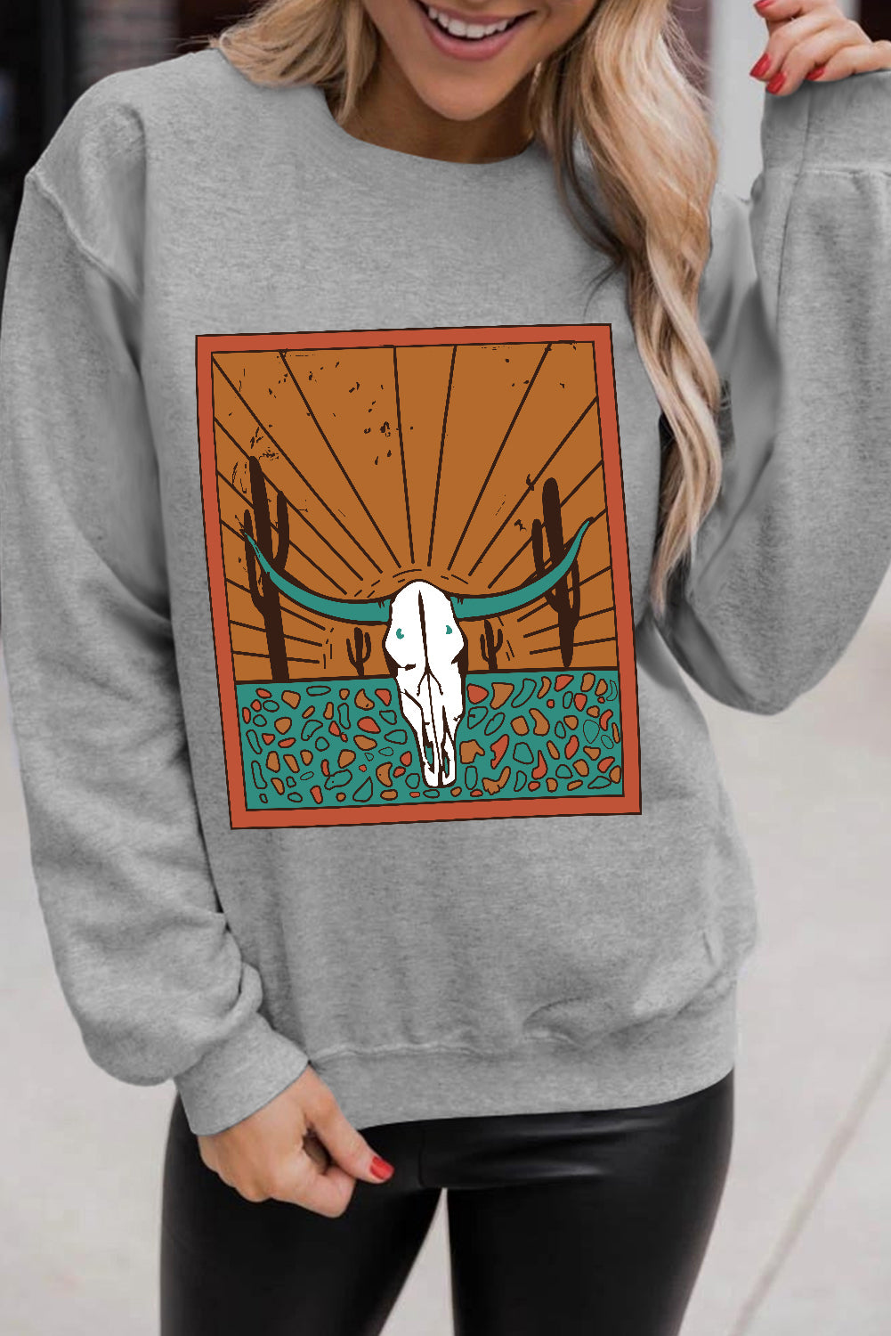 Gray Western Steer Skull Graphic Crew Neck Sweatshirt