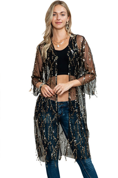 White Sequin Sheer Casual Open Front Cover Up