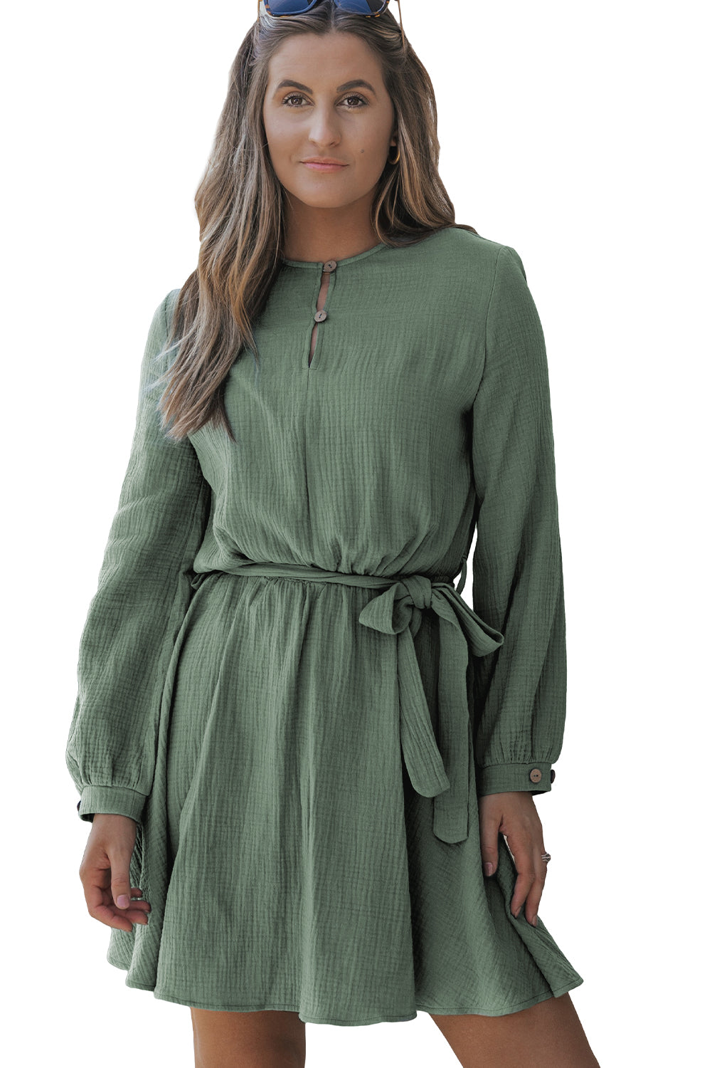 Jungle Green Button Neck Puff Sleeve Belted Pleated Mini Dress