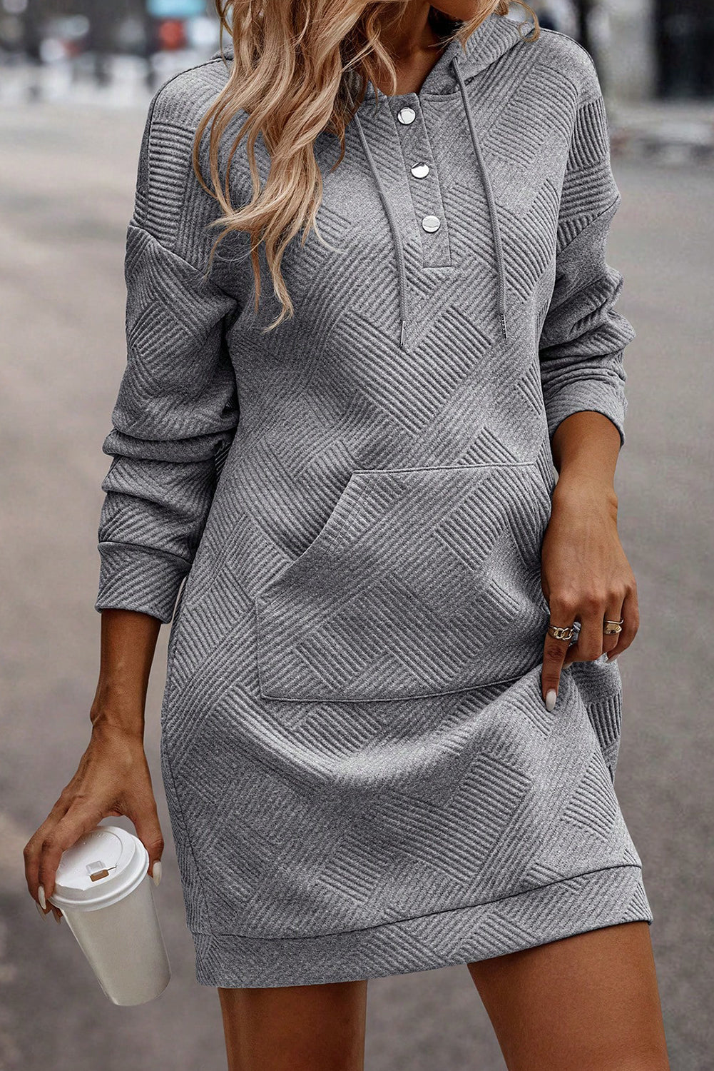 Gray Textured Kangaroo Pocket Drawstring Hooded Mini Dress