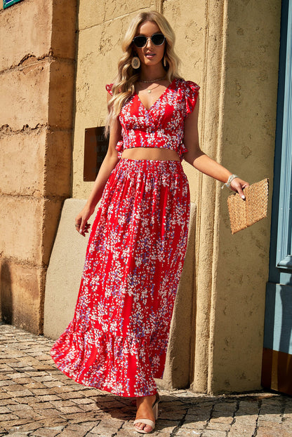 Fiery Red Multicolor Floral Ruffled Crop Top and Maxi Skirt Set