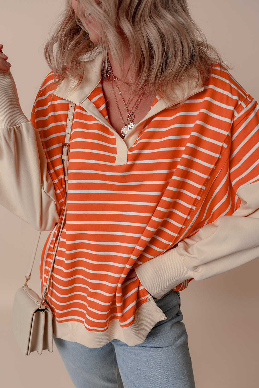 Orange Stripe Color Block Loose Fit Collared Drop Shoulder Sweatshirt