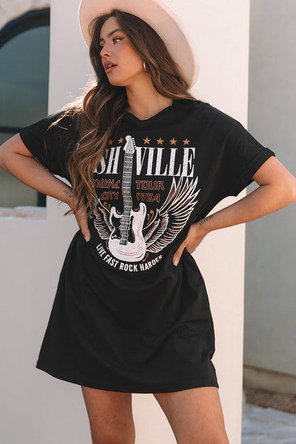 Black Nashville Guitar Print Crew Neck T Shirt Mini Dress