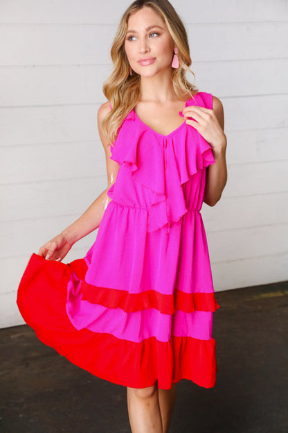 Fuchsia Ruffle V Neck Crepe Tiered Midi Dress