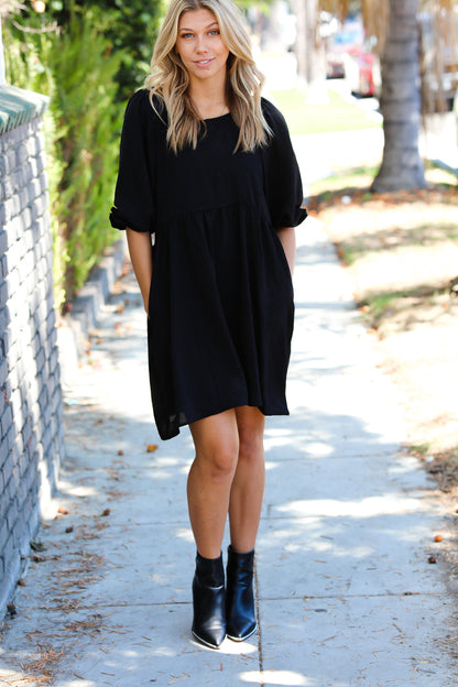 Black Three Quarter Puff Sleeve Babydoll Dress