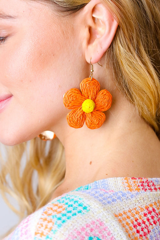 Creamsicle Handwoven Straw Flower Dangle Earrings