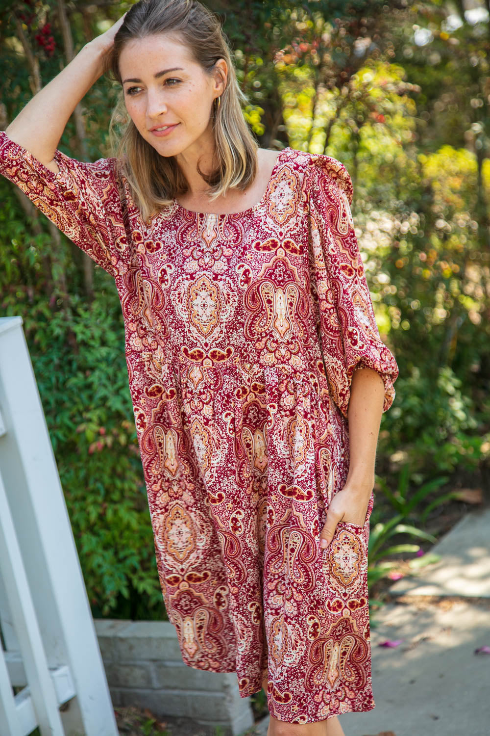 Cranberry Paisley Woven Bubble Sleeve Midi Dress