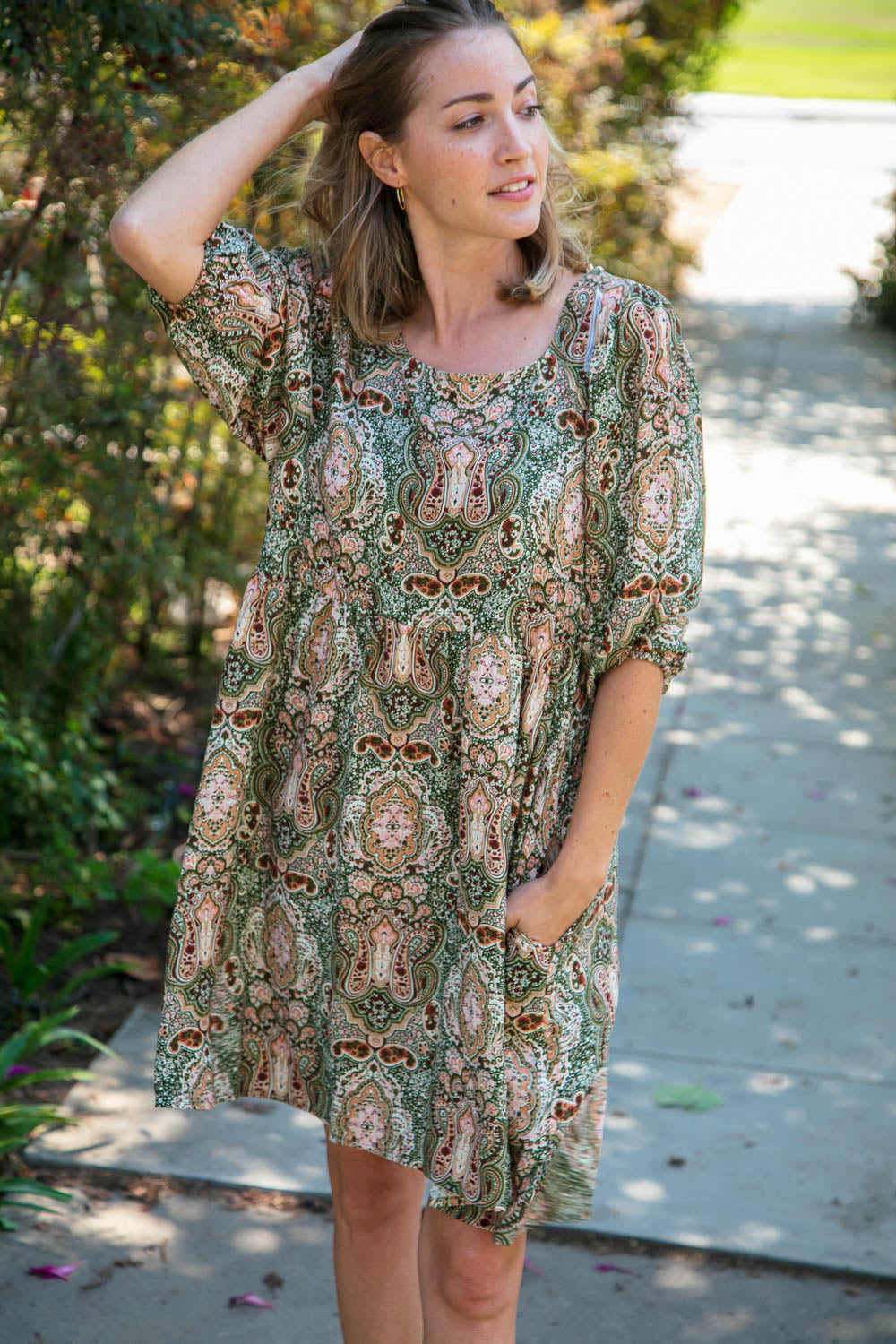 Olive Boho Paisley Woven Bubble Sleeve Midi Dress