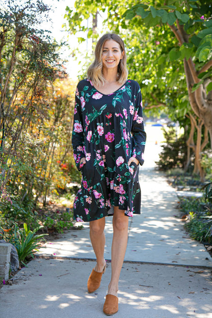 Midnight Floral Tiered Babydoll Dress with Pockets