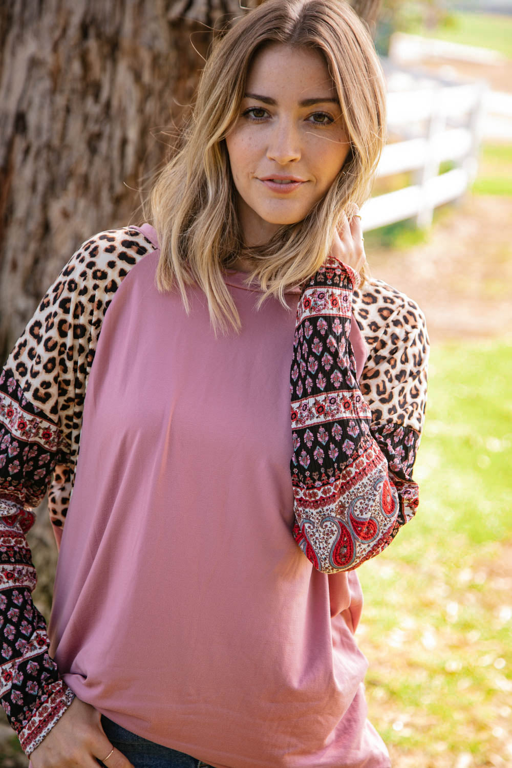 Dolman Leopard Paisley Sleeve Raglan Top