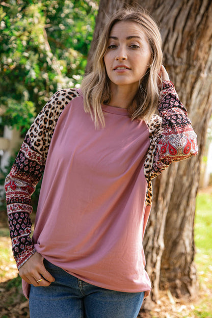 Dolman Leopard Paisley Sleeve Raglan Top