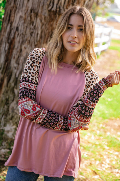 Dolman Leopard Paisley Sleeve Raglan Top