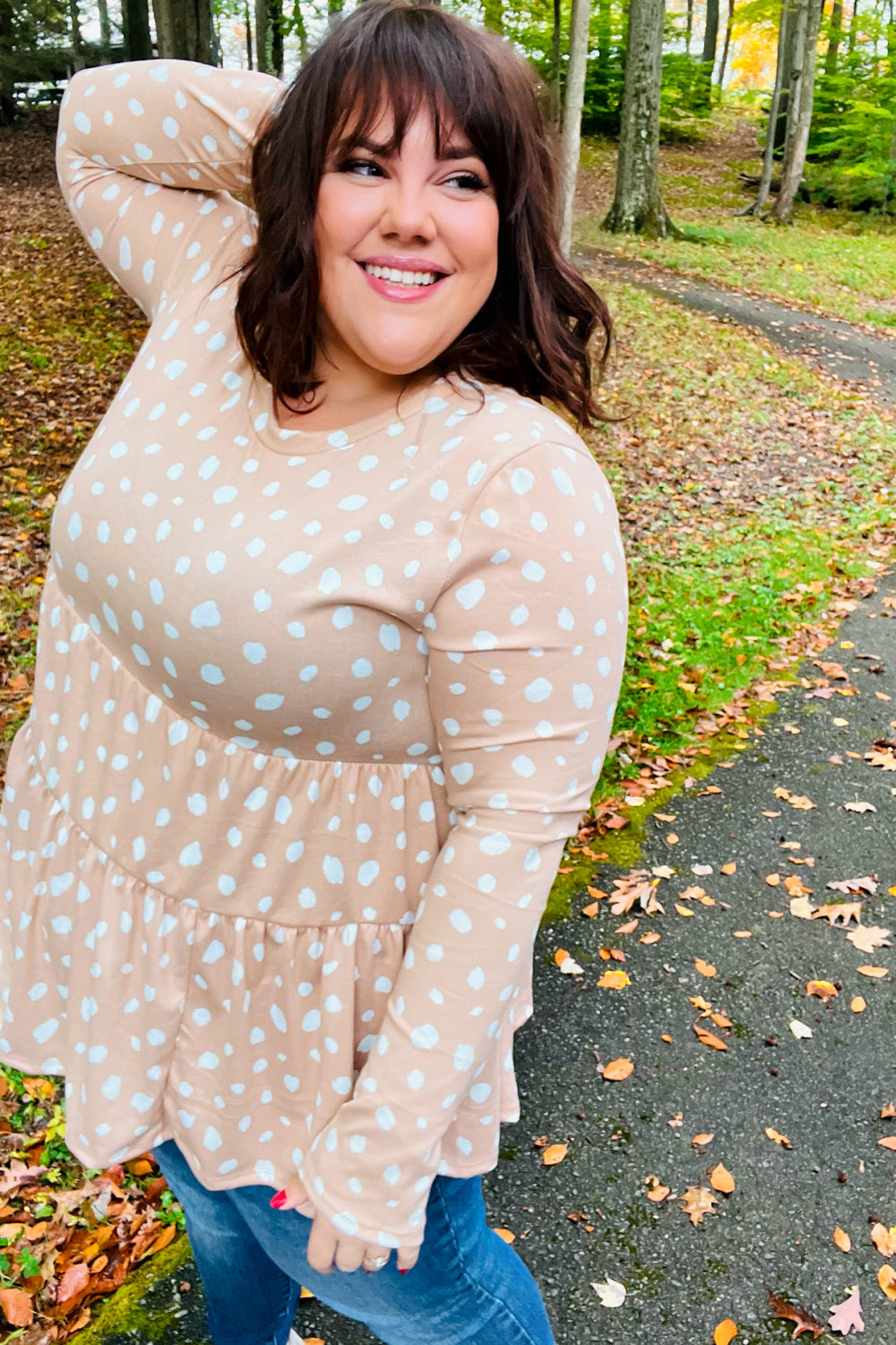 All For You Taupe Abstract Dot Tiered Babydoll Top