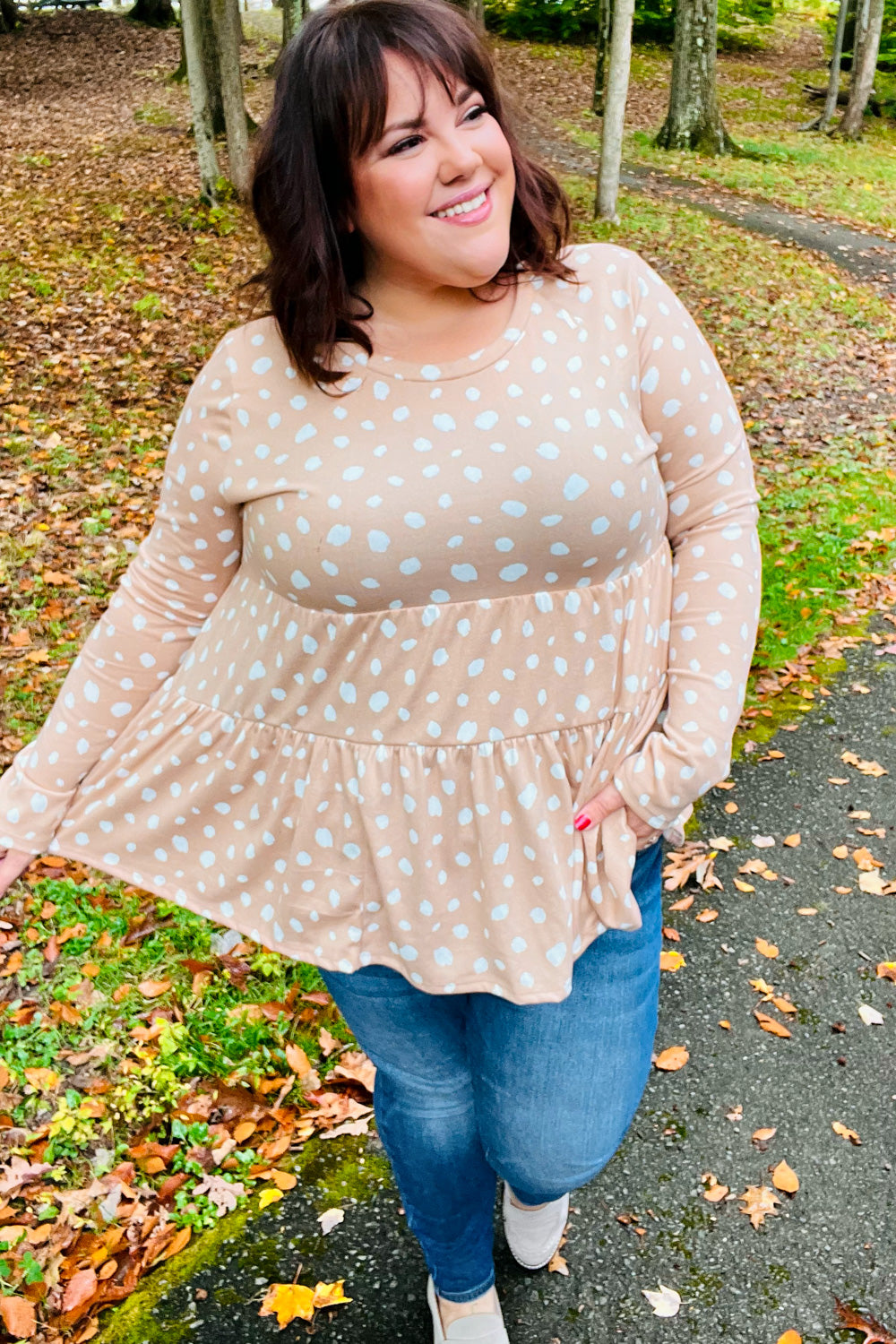 All For You Taupe Abstract Dot Tiered Babydoll Top