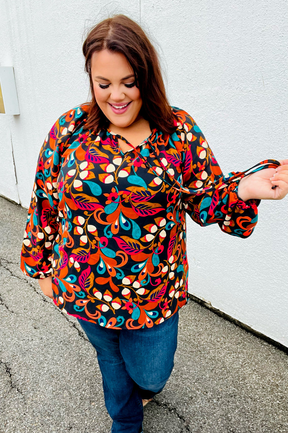 Magenta & Rust Boho Floral Bubble Sleeve Top