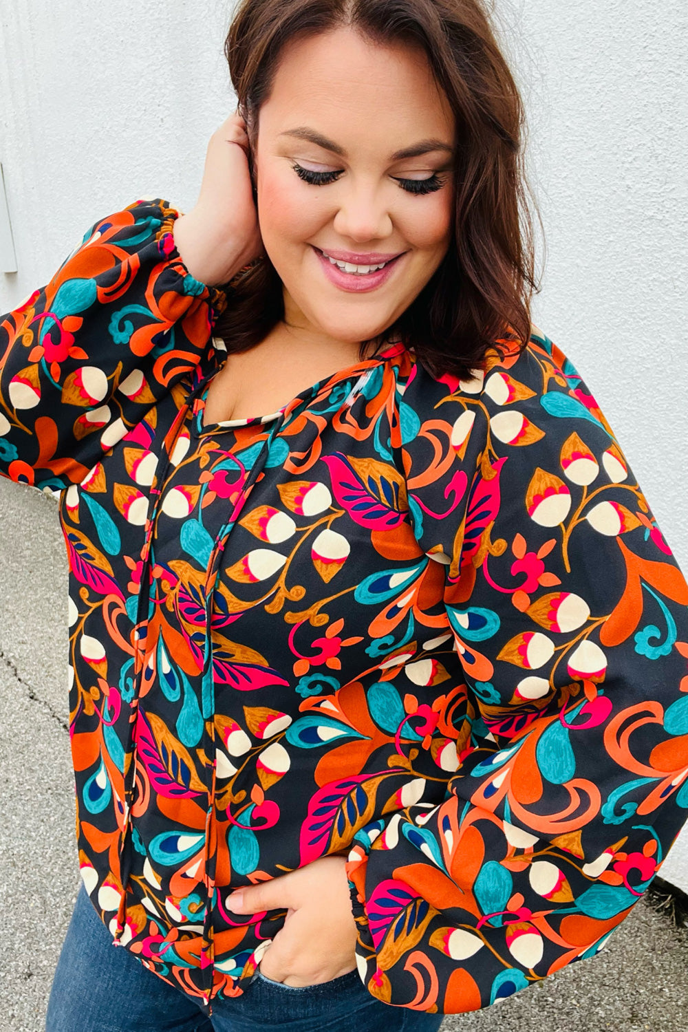 Magenta & Rust Boho Floral Bubble Sleeve Top