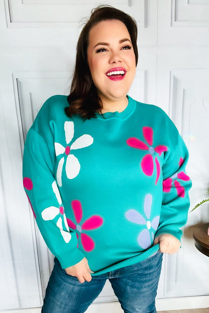 Adorable Turquoise Daisy Flower Jacquard Pullover Sweater