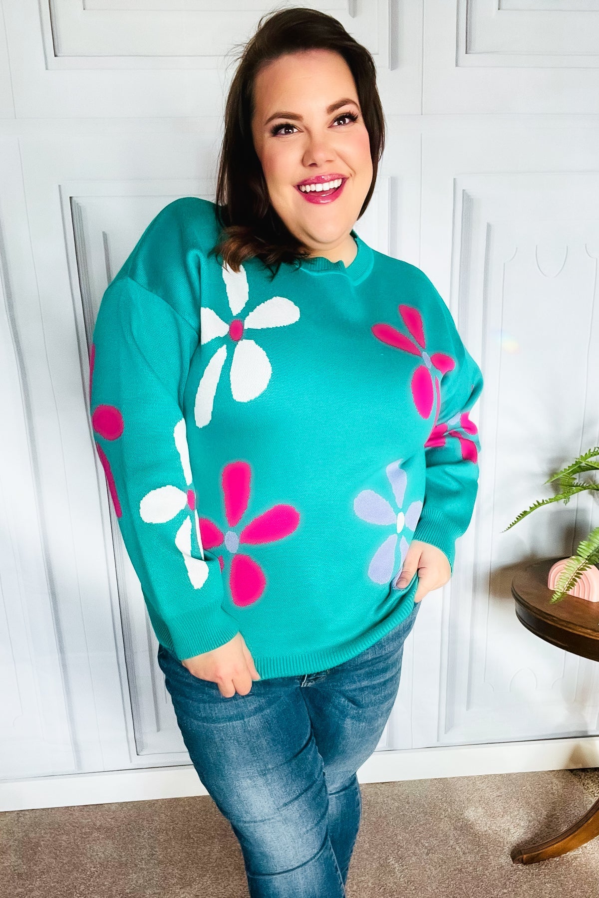 Adorable Turquoise Daisy Flower Jacquard Pullover Sweater