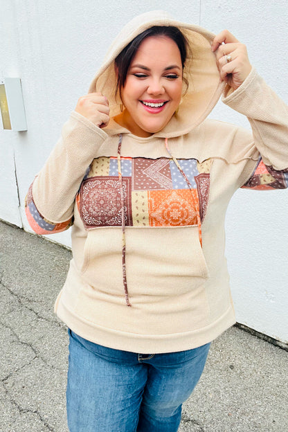 Beige Patchwork Print Kangaroo Pocket Hoodie