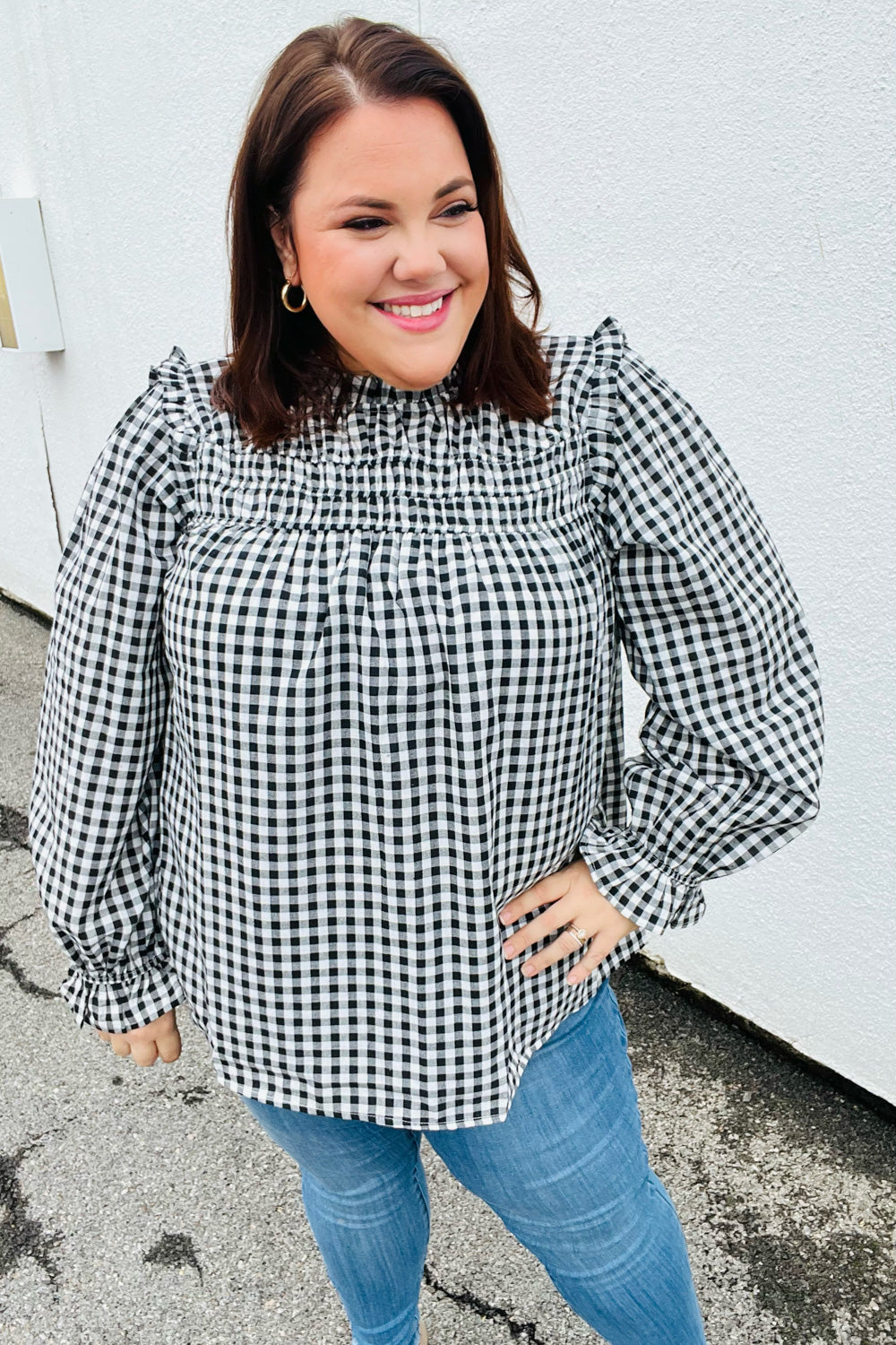 Black Gingham Shirred Yoke Mock Neck Frilled Top