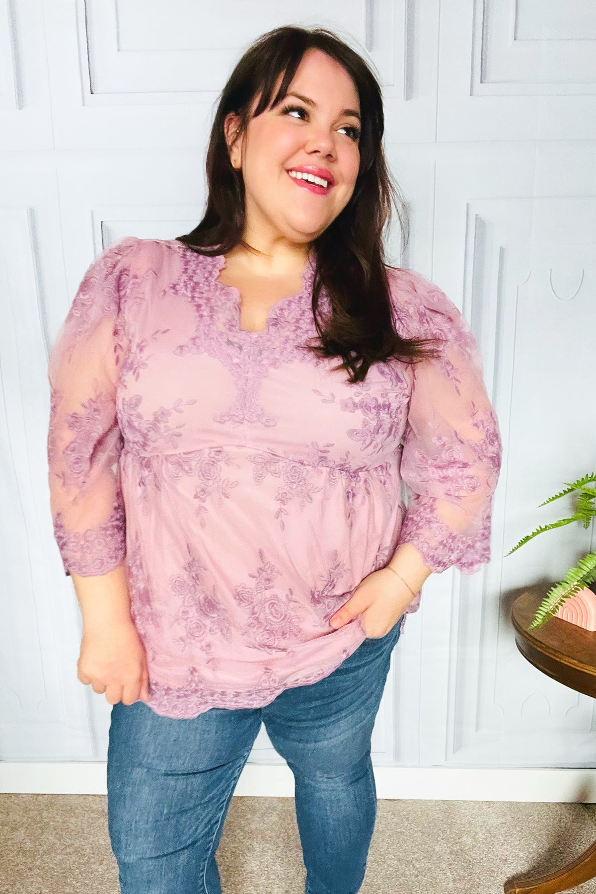 Crazy For You Mauve Lace Embroidered V Neck Top