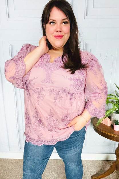 Crazy For You Mauve Lace Embroidered V Neck Top