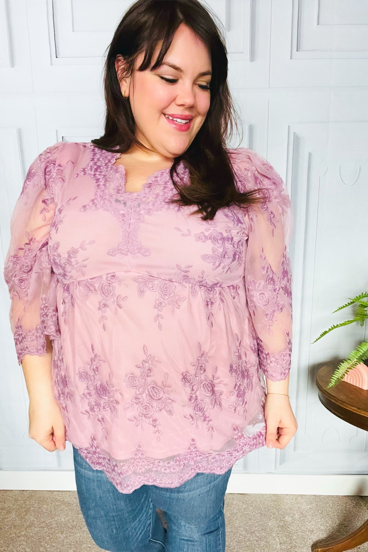 Crazy For You Mauve Lace Embroidered V Neck Top