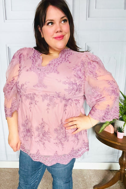 Crazy For You Mauve Lace Embroidered V Neck Top