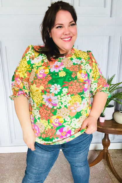 All For You Green Floral Print Frill Smocked Top