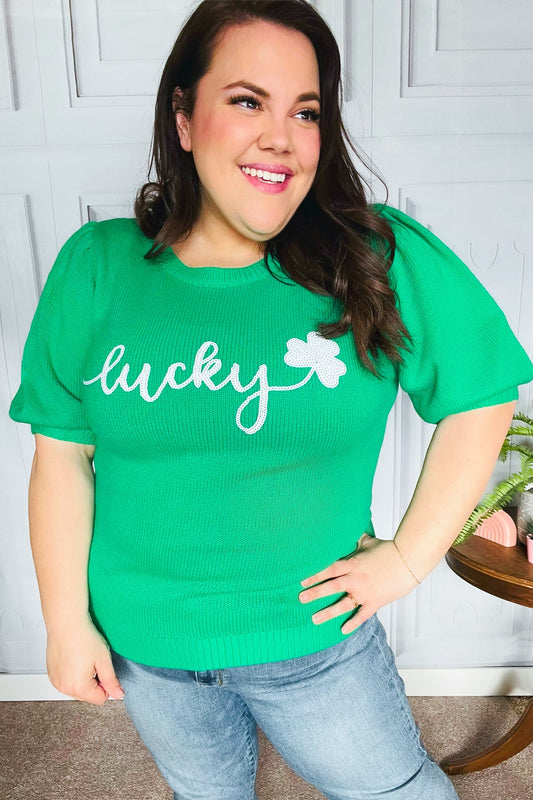 Lucky Lady Shamrock Green Sequin Puff Sleeve Knit Top