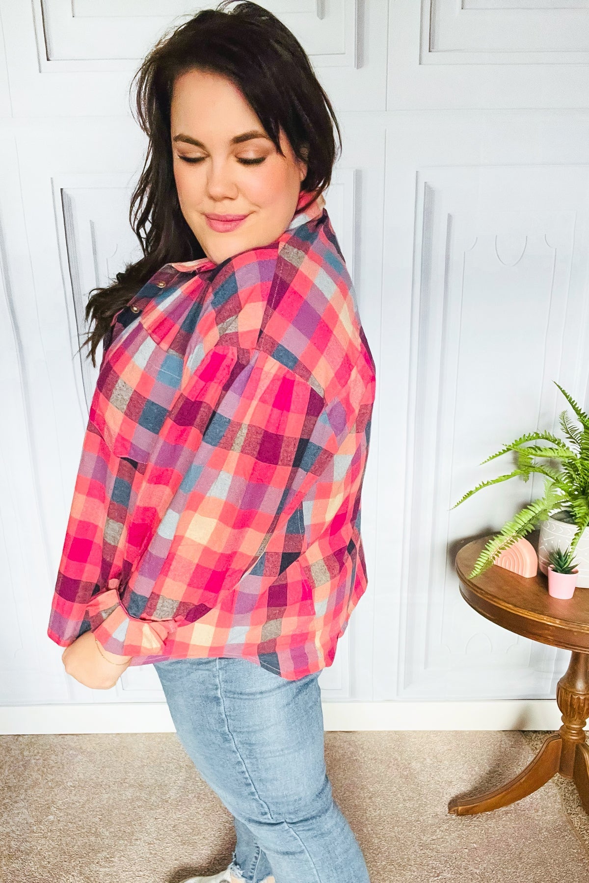 Check It Out Mauve Washed Plaid Button Up Top