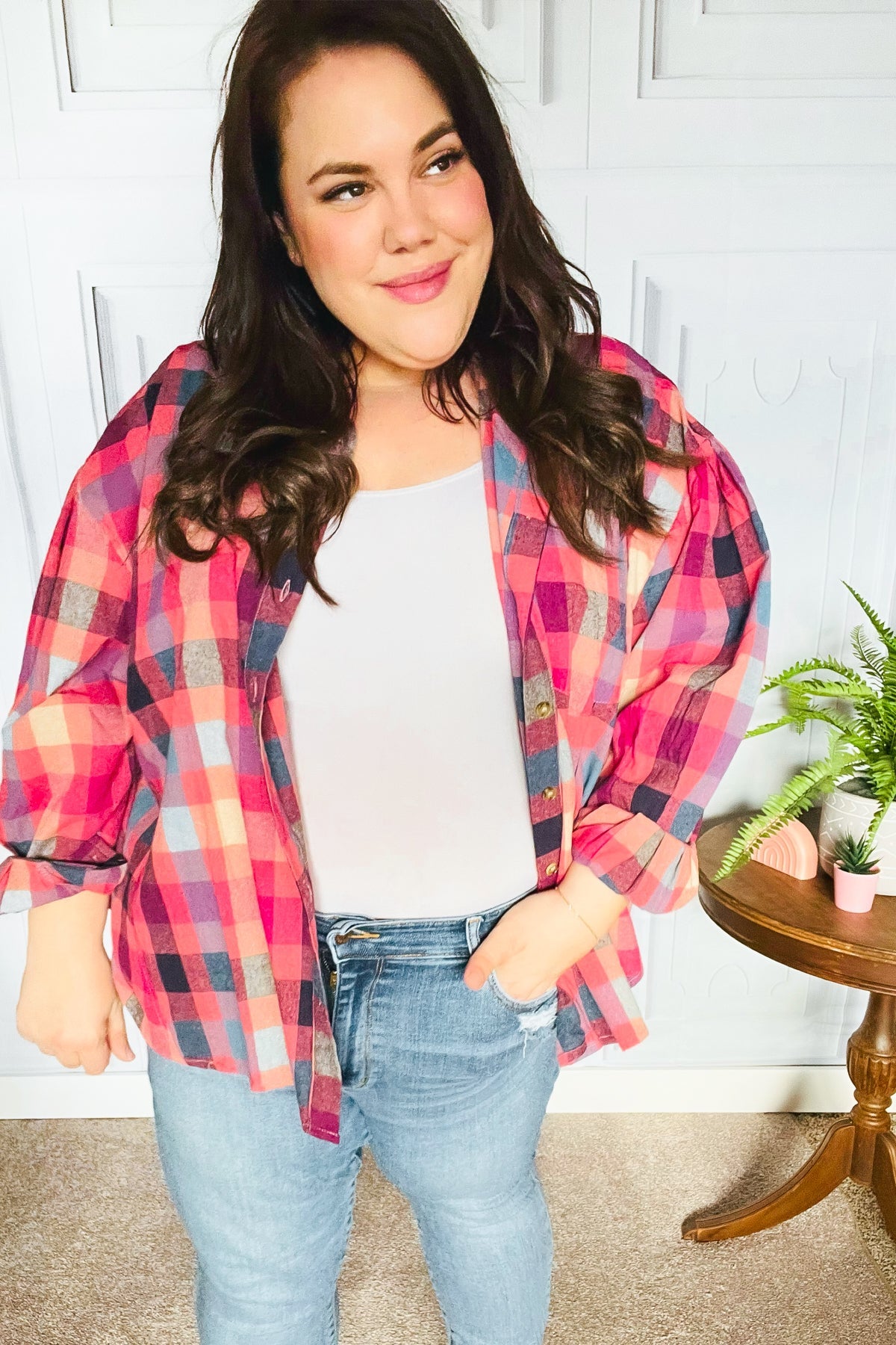 Check It Out Mauve Washed Plaid Button Up Top