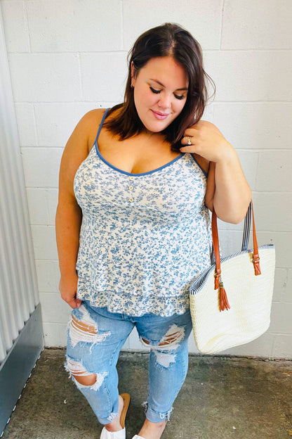 Vintage Ivory & Denim Floral Babydoll Top