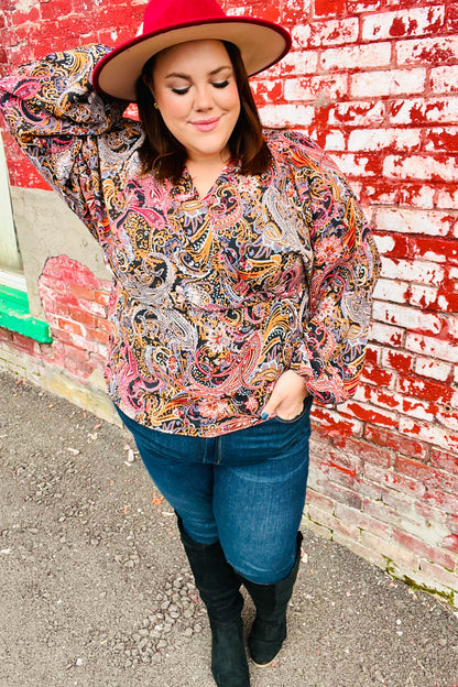 Feeling Elegant Black & Rust Paisley Surplice Peplum Top