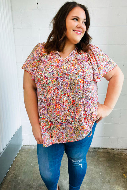 Multicolor Boho Paisley Print Tie Neck Dolman Top