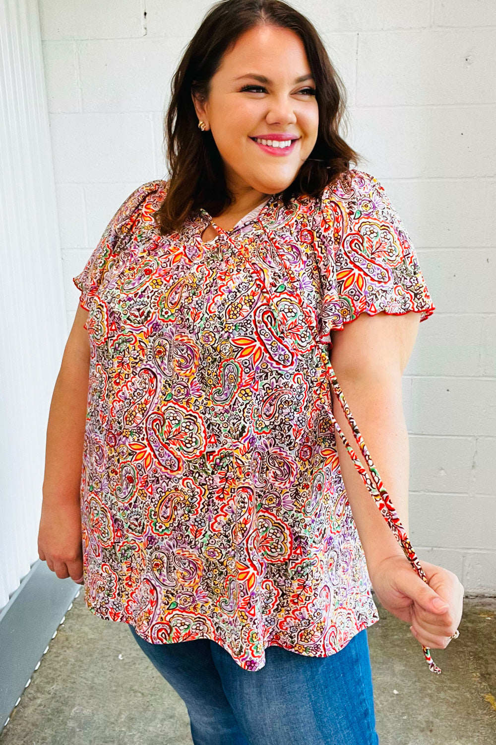 Multicolor Boho Paisley Print Tie Neck Dolman Top