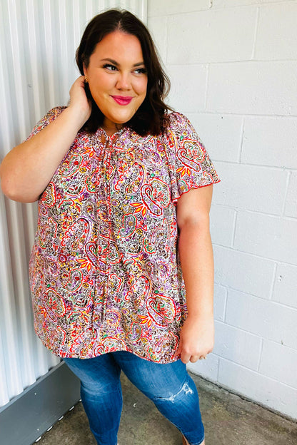 Multicolor Boho Paisley Print Tie Neck Dolman Top