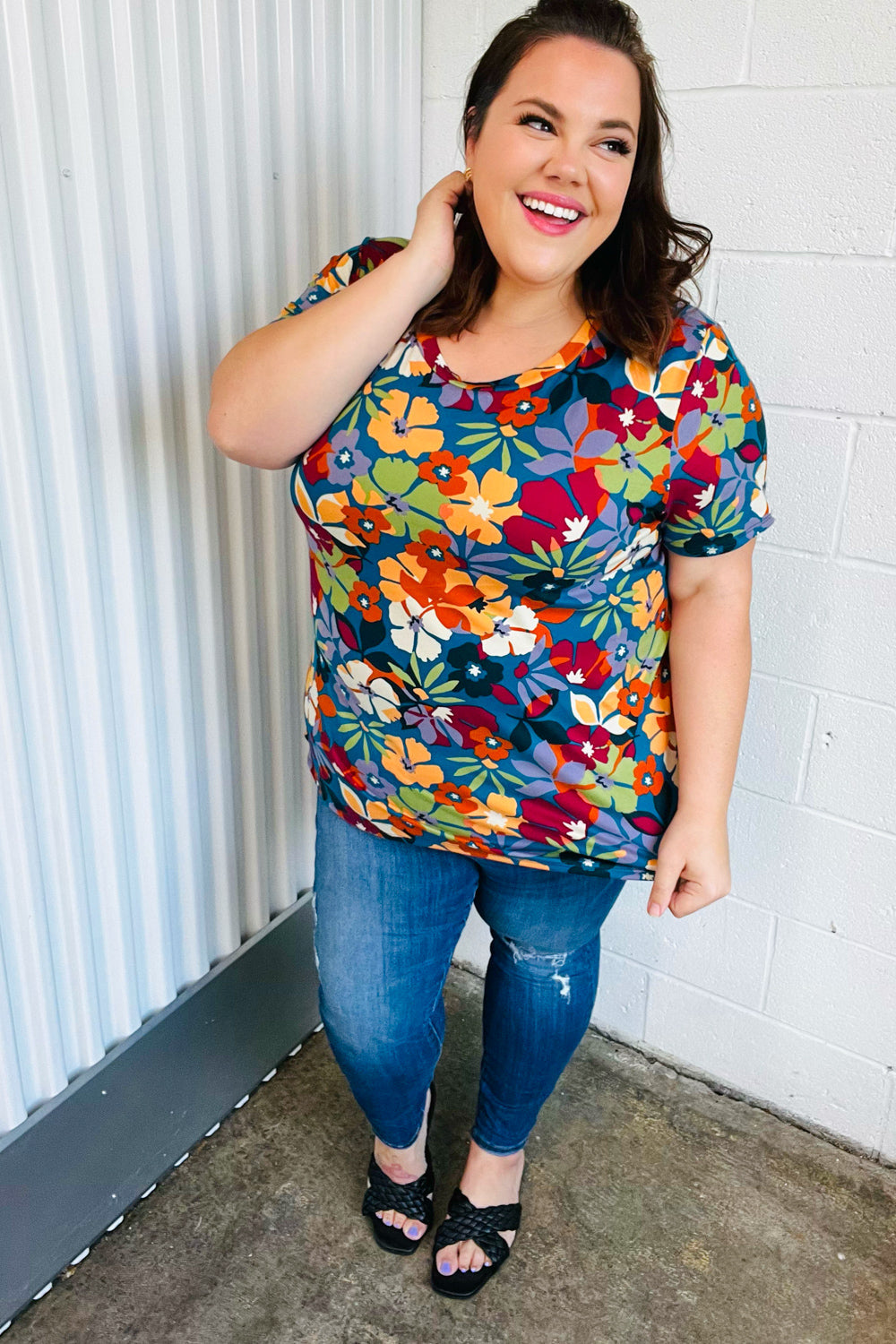 Teal & Maroon Flat Floral Print Top