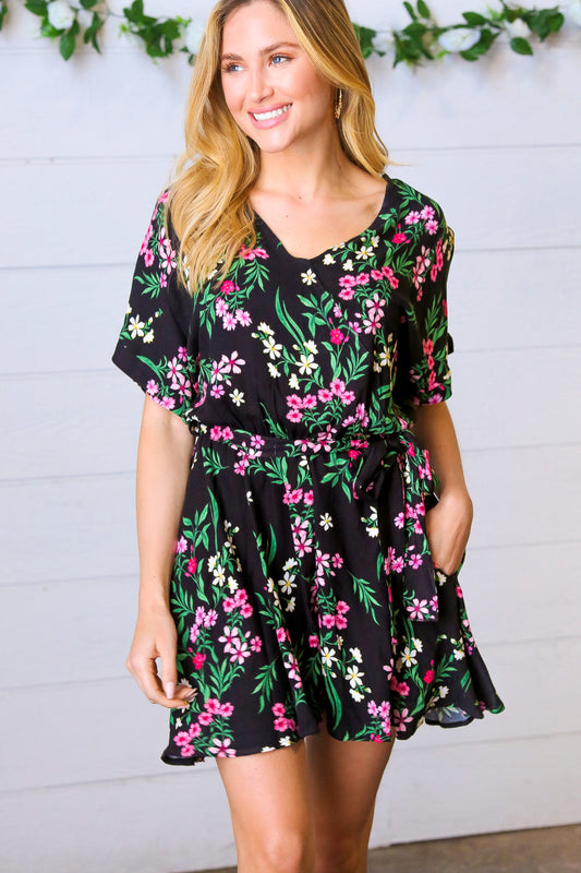 Black & Floral Surplice Short Sleeve Pocketed Romper