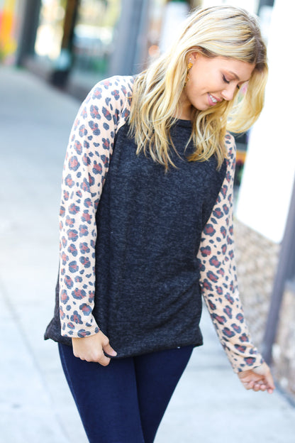 Black Hacci Sweater Knit Long Leopard Sleeve Pullover