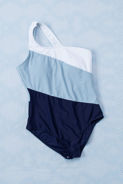 Light Blue Color Block Backless One Shoulder One Piece Swimsuit