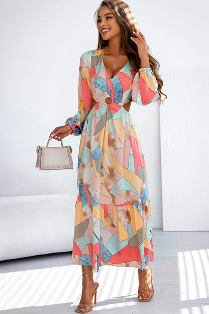 Multicolor Abstract Print O-ring Cut out Long Sleeve Maxi Dress