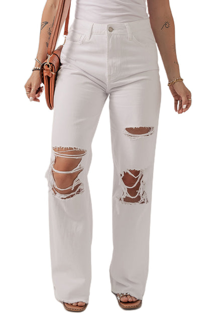 Bright White Heavy Distressed Straight Leg Jeans