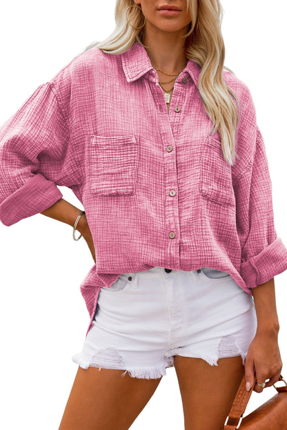 Pink Mineral Wash Crinkle Textured Chest Pockets Shirt